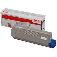 Gray OKI 44315306 toner cartridge with magenta label, rectangular shape, next to branded packaging box.