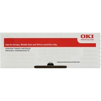 White OKI toner cartridge box with red branding and text, labeled Original Cyan for Europe, Middle East, and Africa.