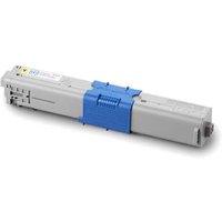 Gray OKI 44469722 toner cartridge with blue clip and yellow label, rectangular shape.