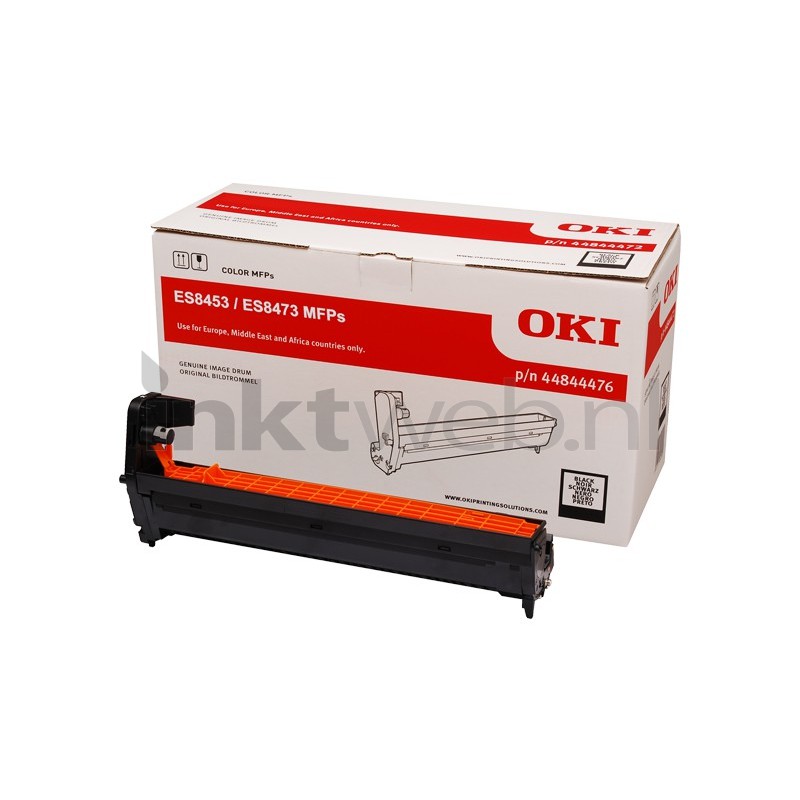 Black drum kit with an orange toner roller, packaged in a white box featuring red OKI branding and product details, designed for OKI ES 8473, yielding 30,000 pages.