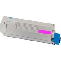 Gray OKI toner cartridge with magenta label and blue cap, rectangular shape, model 44947310.