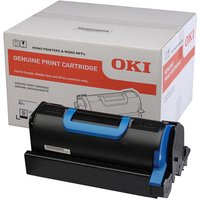 Black OKI 45439002 toner cartridge with blue accents, next to branded white and red packaging box.