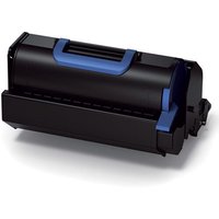 Black OKI 45488802 toner cartridge with blue handle, rectangular shape, original design.