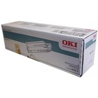 White OKI toner cartridge box with red logo, blue stripe, and product image on the side.