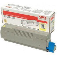 Gray OKI toner cartridge with yellow label, blue handle, and branded packaging in the background.