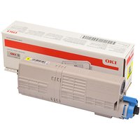 Beige OKI 46490605 toner cartridge with yellow label, blue cap, and branded packaging in the background.