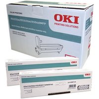 OKI 46490623 cyan toner kit box, white with red OKI logo, for ES 5432, 6K pages, ISO/IEC 19752 compliance.
