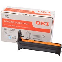 OKI 46507419 Original Cyan toner cartridge, black and orange design, with branded packaging in the background.