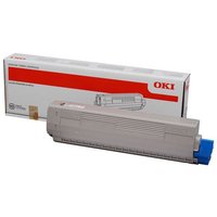 Gray OKI 46508712 toner cartridge with blue cap, next to white and red branded box.