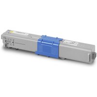 Gray OKI 46508713 toner cartridge with blue center grip, original yellow toner, rectangular shape.