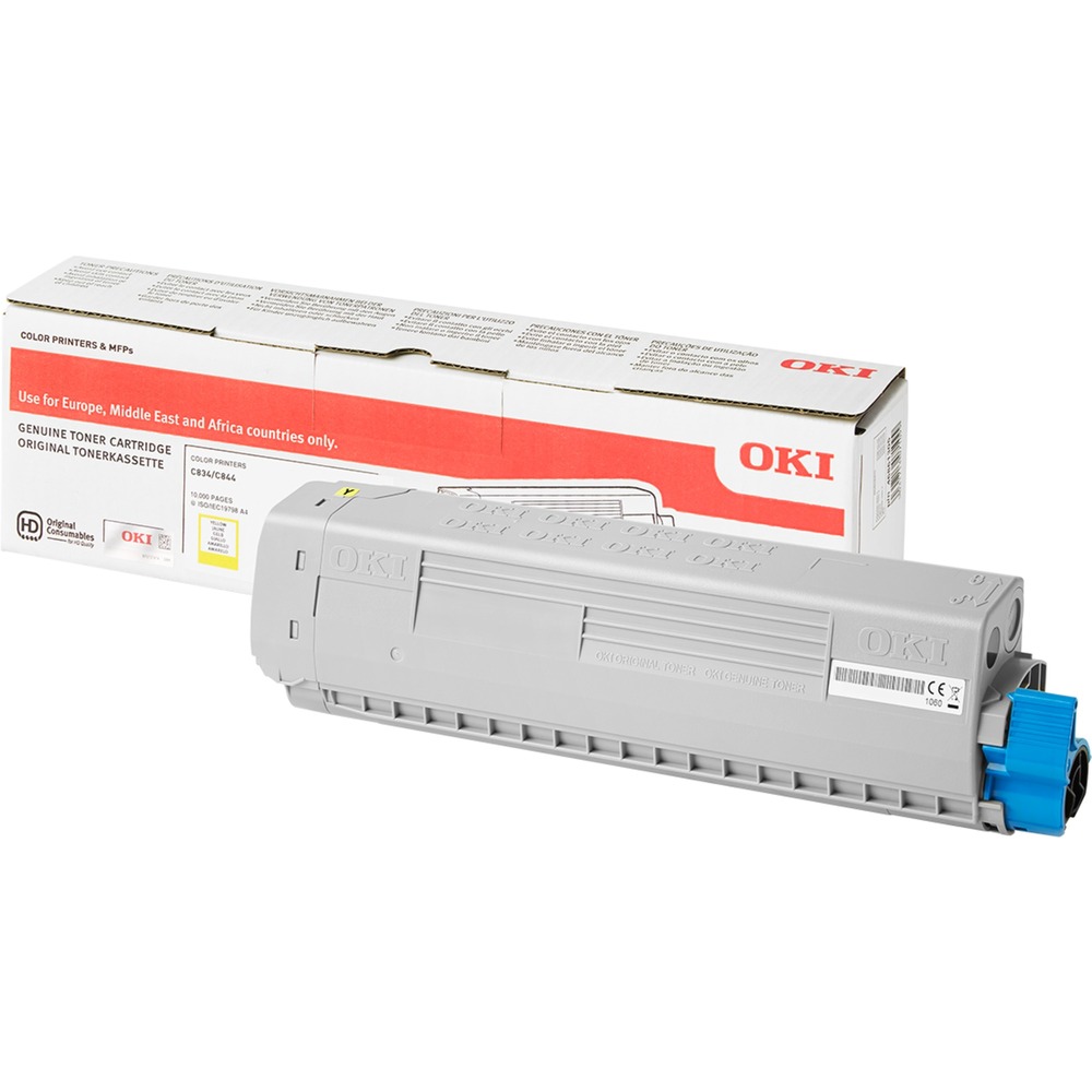 Yellow toner cartridge with a blue end cap, housed in a gray plastic casing, accompanied by a white box featuring the OKI logo and product details.