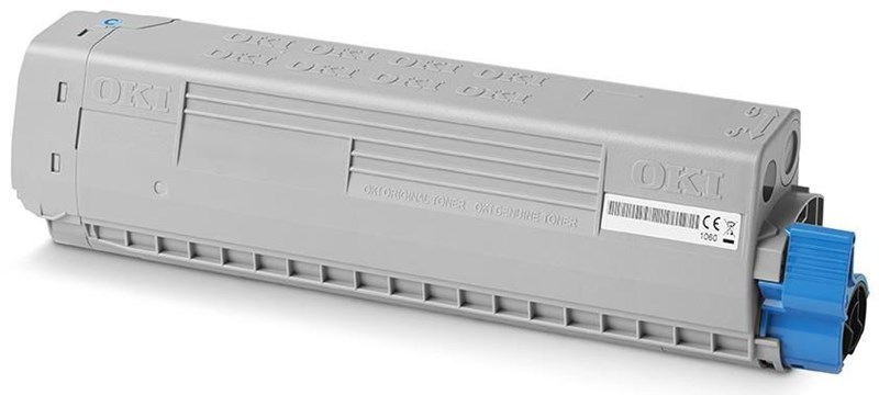 Cyan toner cartridge by OKI, featuring a gray body with a blue end cap, labeled with the OKI logo and product details, designed for standard capacity printing.