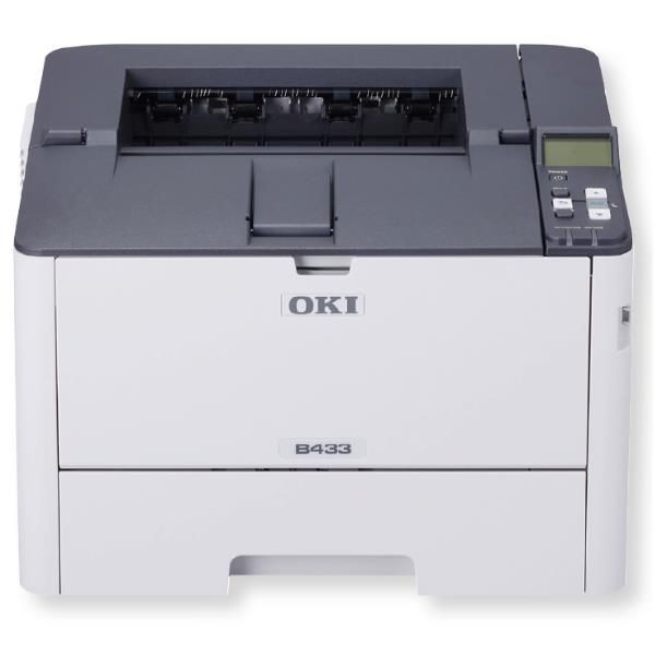 Compact monochrome printer in white and dark gray, featuring a control panel with buttons and a display, designed for A4 printing at 1200 x 1200 DPI resolution.