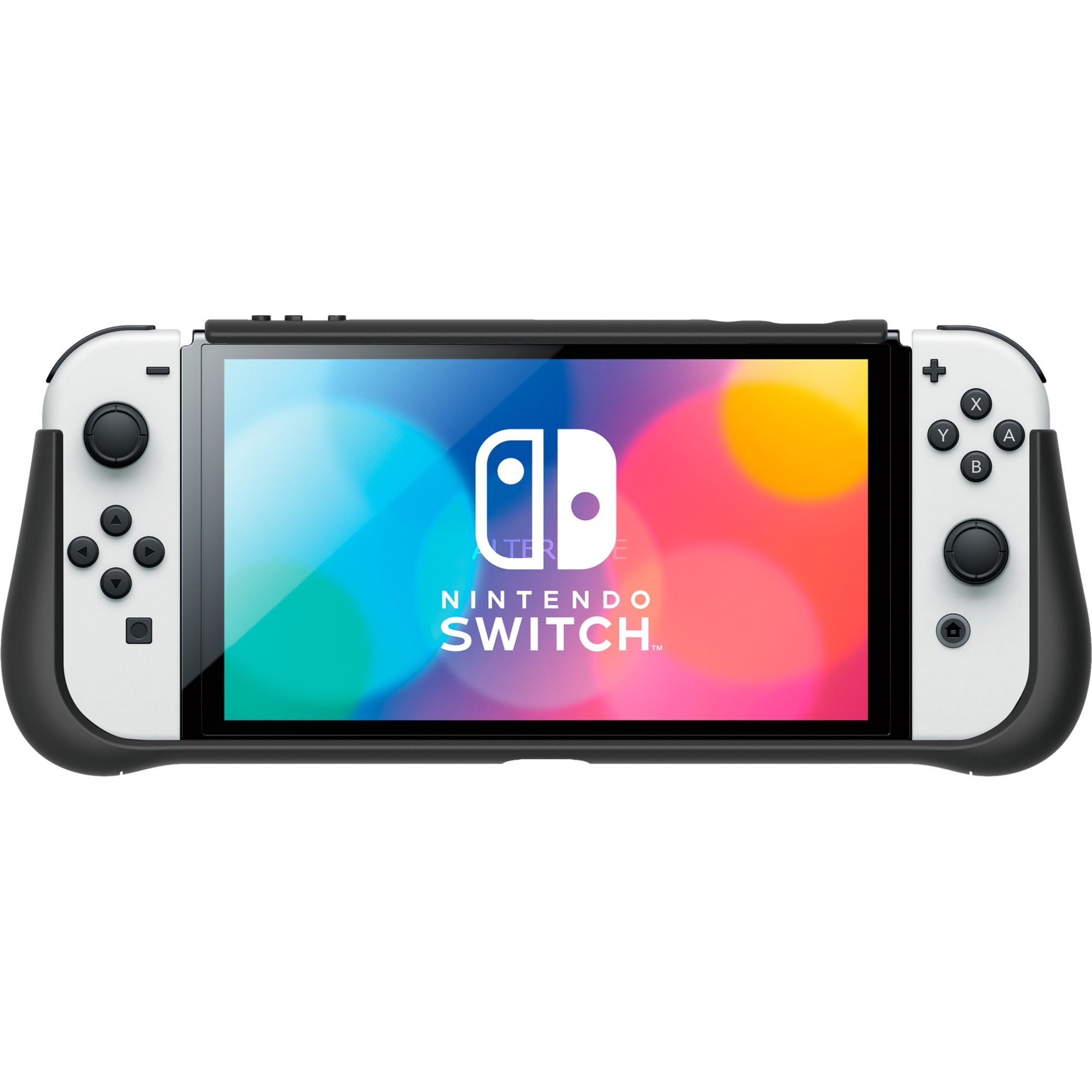 Black and white Hori OLED Hybrid System Armour for Nintendo Switch, featuring ergonomic grips, precise cutouts, and a sleek design for enhanced gaming comfort.