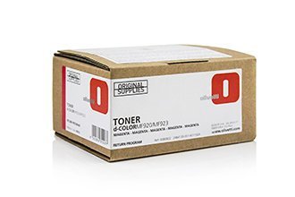 Brown cardboard box containing Olivetti B0922 Magenta Toner, labeled with product details and a return program note, designed for printing up to 2,000 pages.