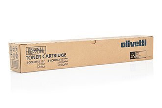Black toner cartridge packaging for Olivetti B1036, designed for D-Color MF 222, featuring a cardboard box with the Olivetti logo and specifications printed on the side.