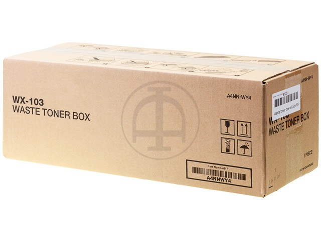 Brown cardboard box labeled "WX-103 Waste Toner Box," designed for Olivetti B1051, with instructions and barcode details visible on the surface.