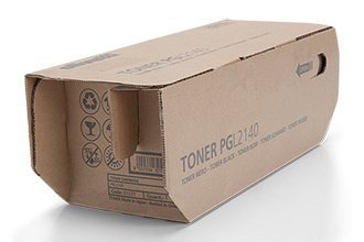 Brown cardboard box labeled "TONER PGL2140" with recycling symbols, featuring a side handle and printed details about the toner kit for Olivetti printers.