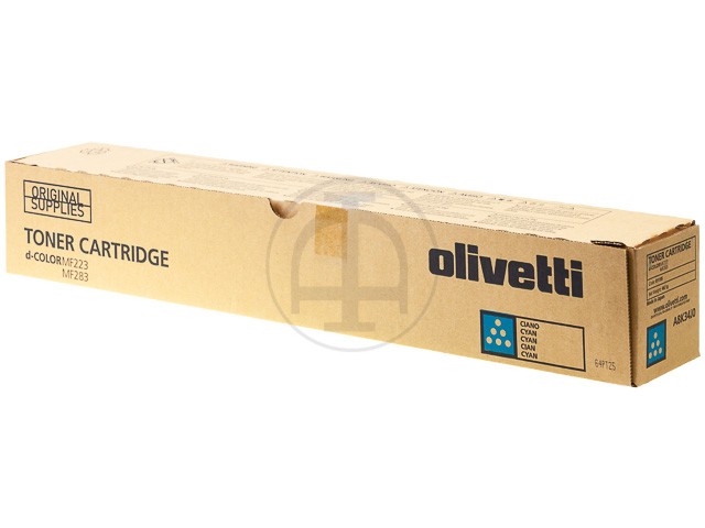 Cyan toner cartridge box for Olivetti D-Color MF 223, featuring a brown cardboard design with blue and white branding and text, indicating a yield of 21,000 pages.