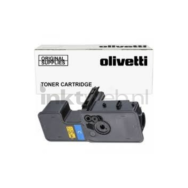 Cyan toner cartridge for Olivetti D-C, featuring a black plastic body with a blue label, packaged in a white box with "Olivetti" branding and "Original Supplies" text.