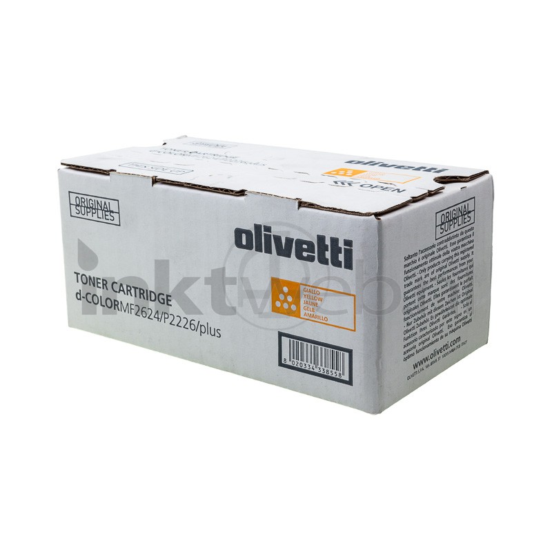 White cardboard box labeled "Olivetti" with a yellow toner cartridge graphic, featuring details on page yield and compatibility for Olivetti D printers.