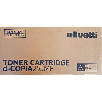 Brown cardboard box with black text labeled "TONER CARTRIDGE d-COPIA 255MF" and "ORIGINAL SUPPLIES," featuring Olivetti logo and product details.