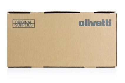 Brown cardboard box with "olivetti" printed in gray and "ORIGINAL SUPPLIES" on the front, designed for the Olivetti B1336 Toner-kit Cyan, capable of printing 9K pages.