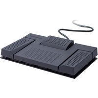 Grey Olympus RS28N USB foot pedal with three textured pedals and a connecting cable.