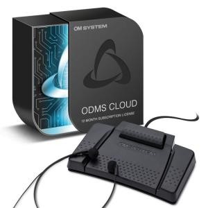 Black transcription kit featuring the OM Digital logo, a sleek design with a circuit pattern, and a foot pedal with a textured surface, accompanied by a one-year ODMS Cloud subscription.