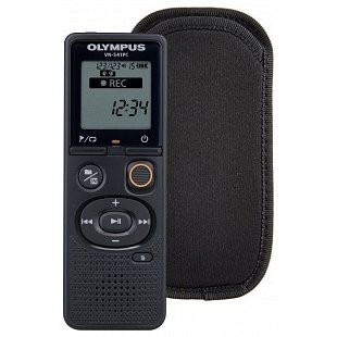 Black Olympus VN-541PC voice recorder with a digital display, control buttons, and a soft black carrying case.