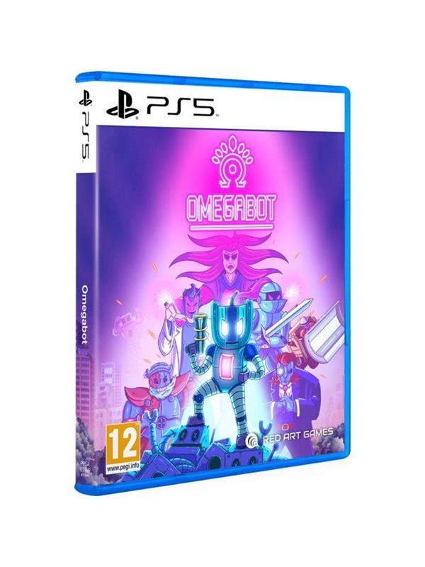 Omegabot for PS5 features vibrant purple and blue artwork with a robot and futuristic elements, housed in a blue plastic case with a 12+ age rating.