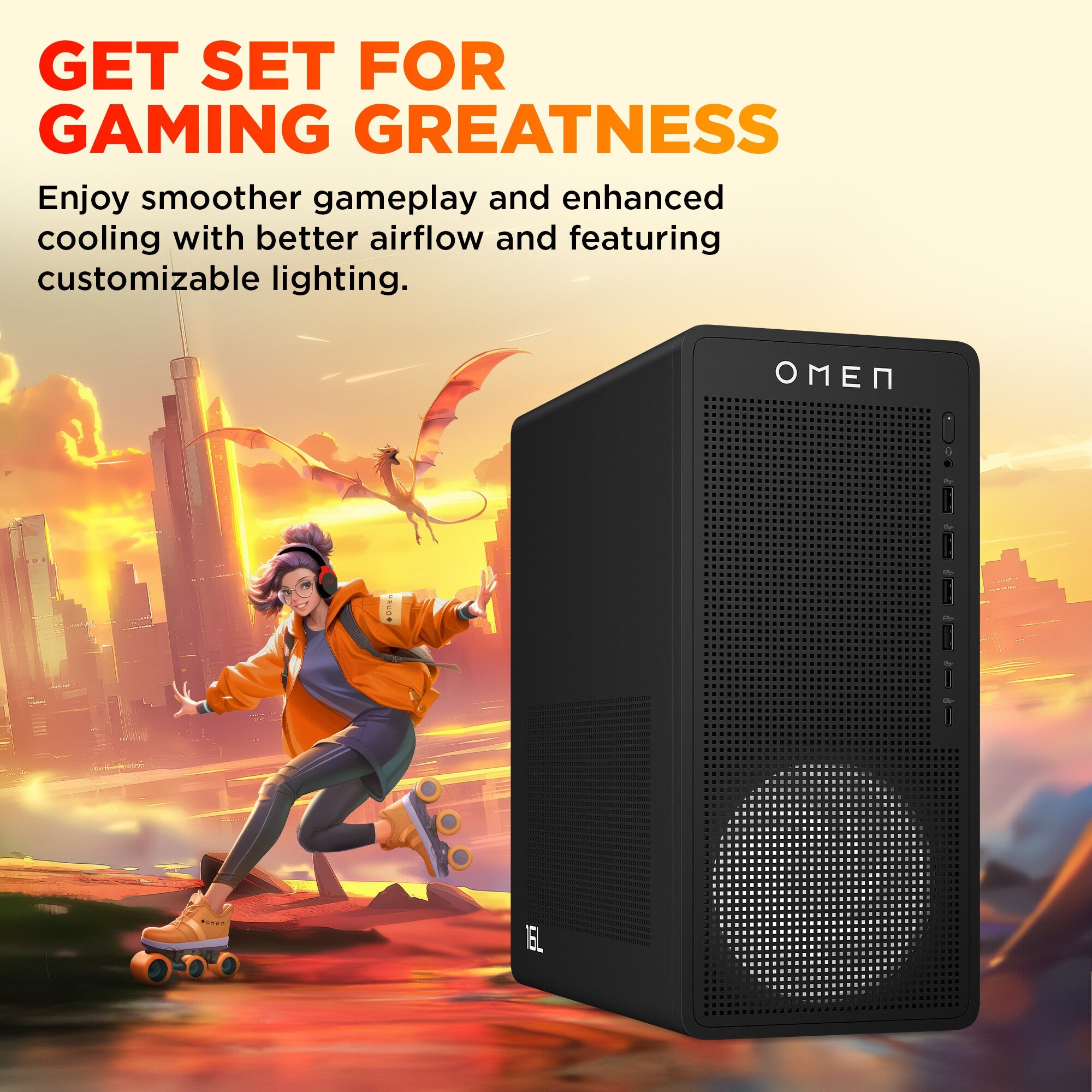 Black HP OMEN tower PC featuring customizable lighting, front ventilation grille, and multiple ports, designed for gaming with AMD Ryzen 7, 16 GB RAM, and NVIDIA GeForce RTX 5060 Ti.
