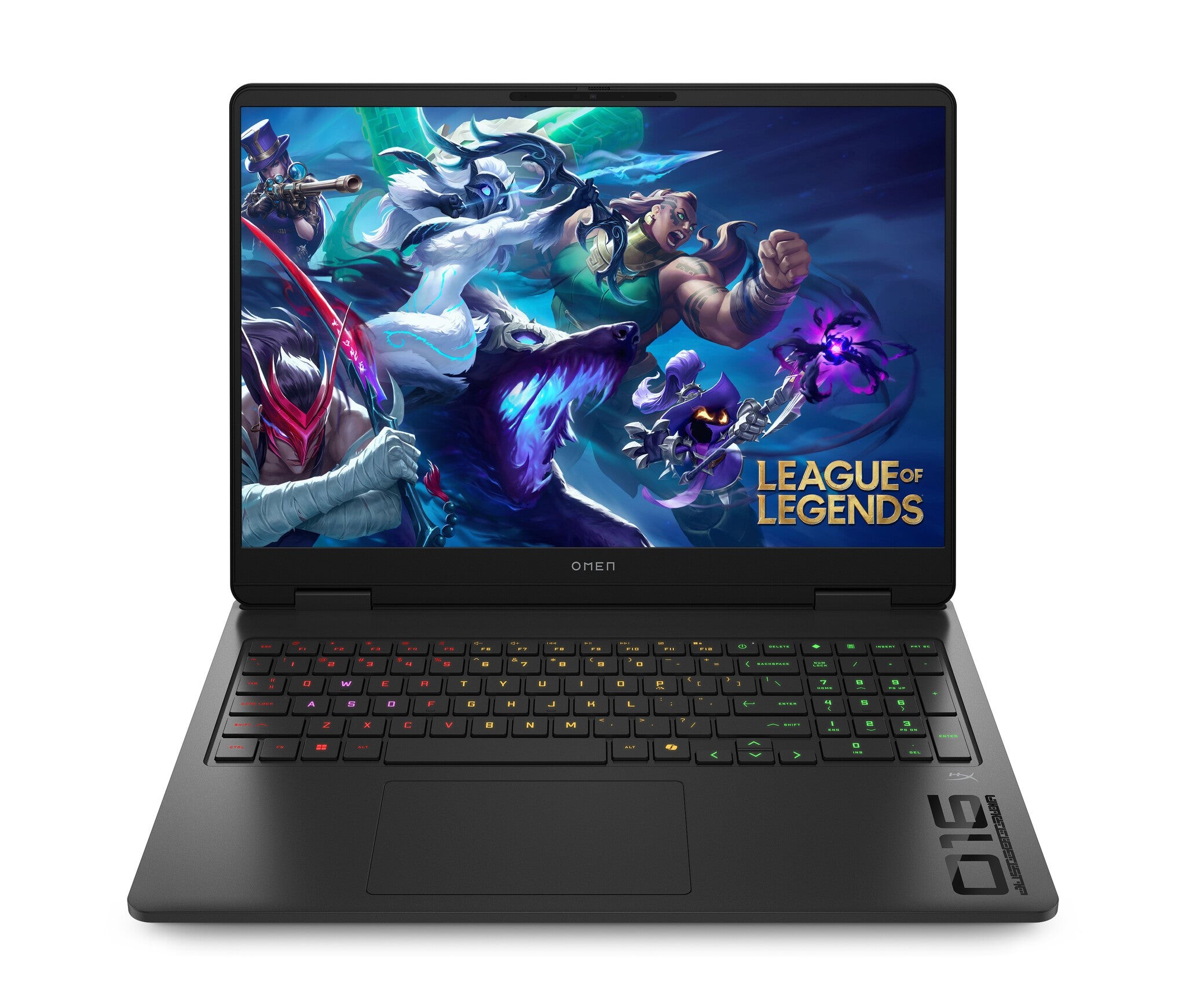 HP OMEN 16" gaming laptop with a sleek black design, featuring a colorful backlit keyboard, displaying "League of Legends" on a vibrant 2K screen.