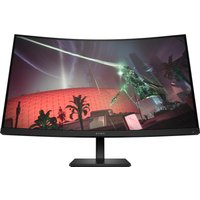 Curved HP OMEN 31.5" QHD gaming monitor with thin bezels, 165Hz refresh rate, displaying a vibrant futuristic scene.
