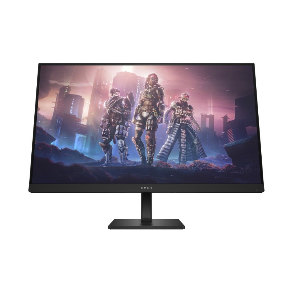 HP OMEN 32q Quad HD 31.5" LED gaming monitor in black, featuring a sleek design with a thin bezel, mounted on a sturdy black stand, displaying a vibrant gaming scene.