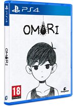 OMORI for PlayStation 4 features a blue case with a minimalist black and white cover art depicting a boy with a serious expression and a hanging light bulb above him, rated 18.