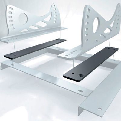 White metal adaptor brackets with multiple holes for adjustment, featuring black support plates, designed for secure mounting in automotive applications.