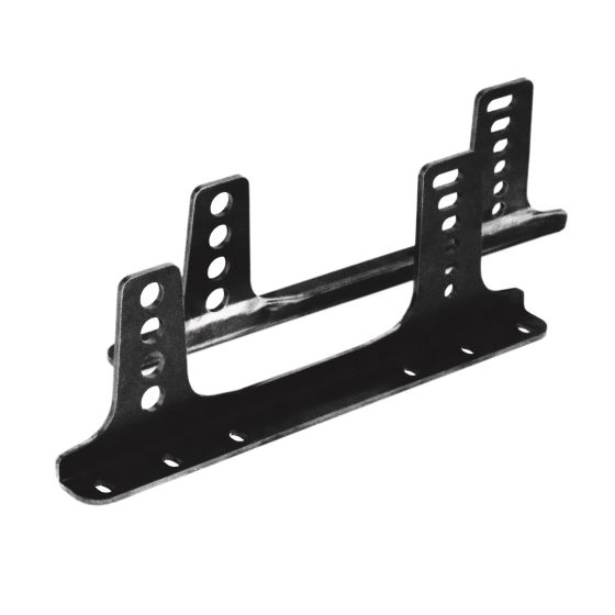 Black metal side mounts with multiple holes for adjustable installation, designed for securing HTC Evo seats, featuring a sturdy and durable construction.