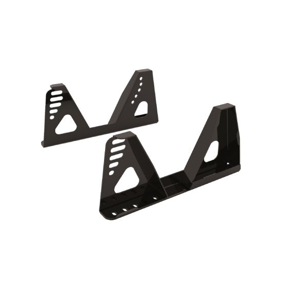 Black FIA approved side mounts for HTC Evo VTR seat, featuring triangular cutouts and multiple adjustment slots for secure installation.