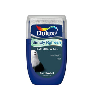Dulux Simply Refresh Feature Wall tester in 30ml, featuring a sleek blue container with a white lid, labeled "Ink Well" in bold text, showcasing a matte emulsion paint.