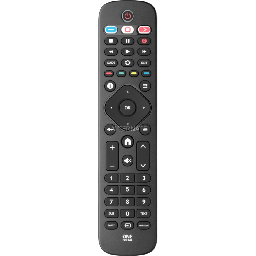 Black Philips TV replacement remote with a variety of buttons including volume, channel, and navigation keys, featuring a central OK button and colored shortcut buttons.