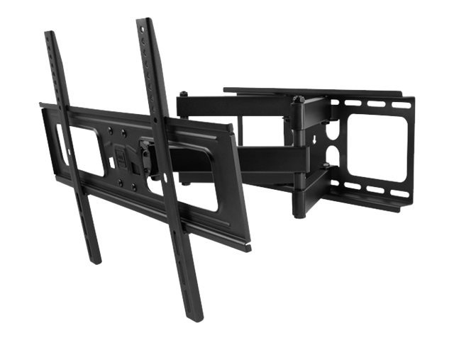 Black tiltable and swiveling TV wall mount, designed for 32" to 84" screens, featuring adjustable arms and multiple mounting holes for easy installation.