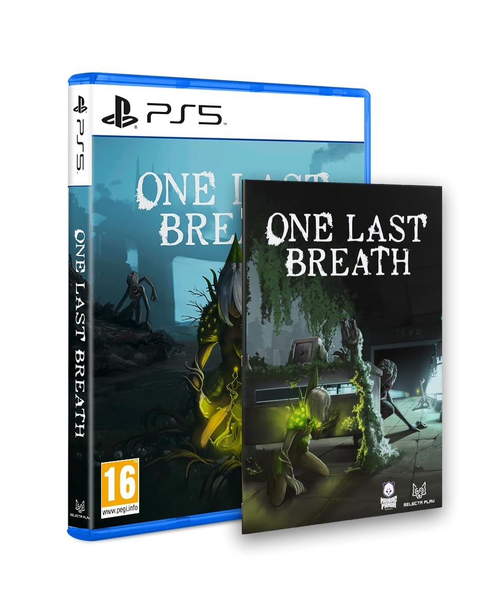"One Last Breath - PS5" game case in blue plastic featuring dark artwork with a character and eerie setting, alongside a smaller booklet with matching design elements.