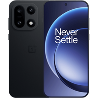 Black OnePlus 15 smartphone with triple rear cameras, 6.78-inch display, and "Never Settle" text on screen.