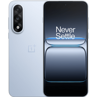 OnePlus Nord 5 Dry Ice smartphone, 6.83-inch display, triple rear cameras, sleek silver finish, "Never Settle" on screen.