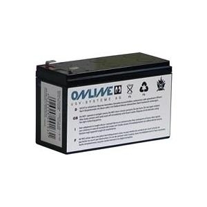 Black rectangular battery with a label featuring the brand "ONLINE USV-Systeme," safety symbols, and recycling information, designed for UPS systems.