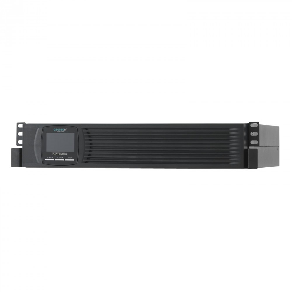 Black uninterruptible power supply (UPS) with a sleek design, featuring a digital display and ventilation grilles, designed for rack mounting with a compact form factor.