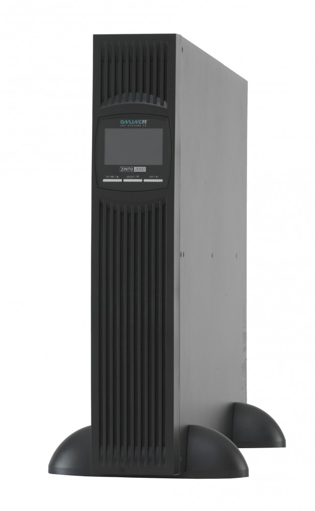 Black tower-style uninterruptible power supply (UPS) with a digital display and ventilation slits, mounted on two rounded black feet, labeled "ZINTO 2000."