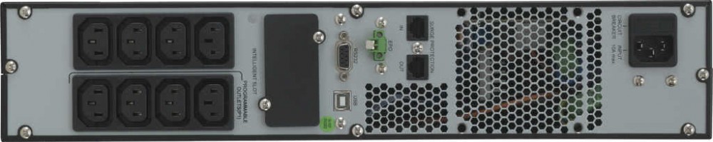 Rear view of the ONLINE USV-Systeme ZINTO 800 UPS, featuring multiple power outlets, a cooling vent, and various connection ports on a gray and black metal chassis.