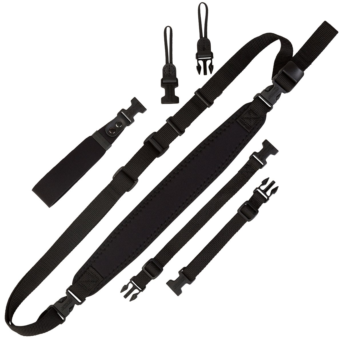 Black OpTech Super Classic Combo featuring a padded shoulder strap, adjustable clips, and additional connectors for versatile camera attachment.